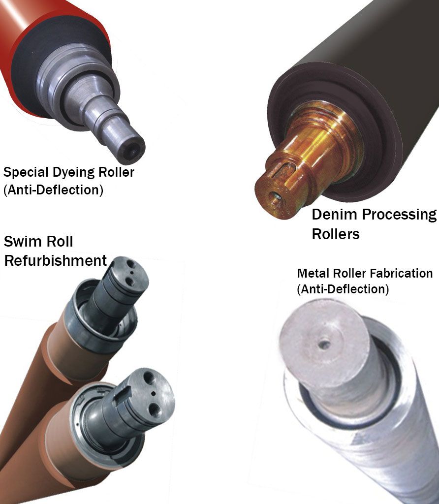 Special dyeing rollers, denim processing rollers, swim roll refurbishment and metal roller fabrication examples